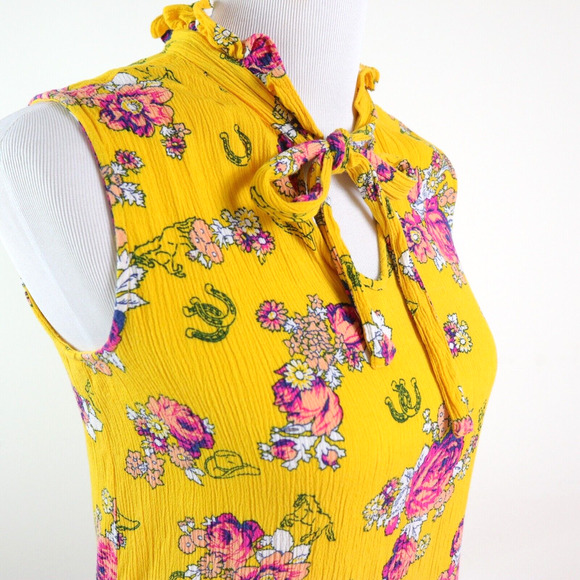 ModCloth Size S Like the Wind Tie-Neck Blouse Mustard Yellow Floral - Picture 6 of 10